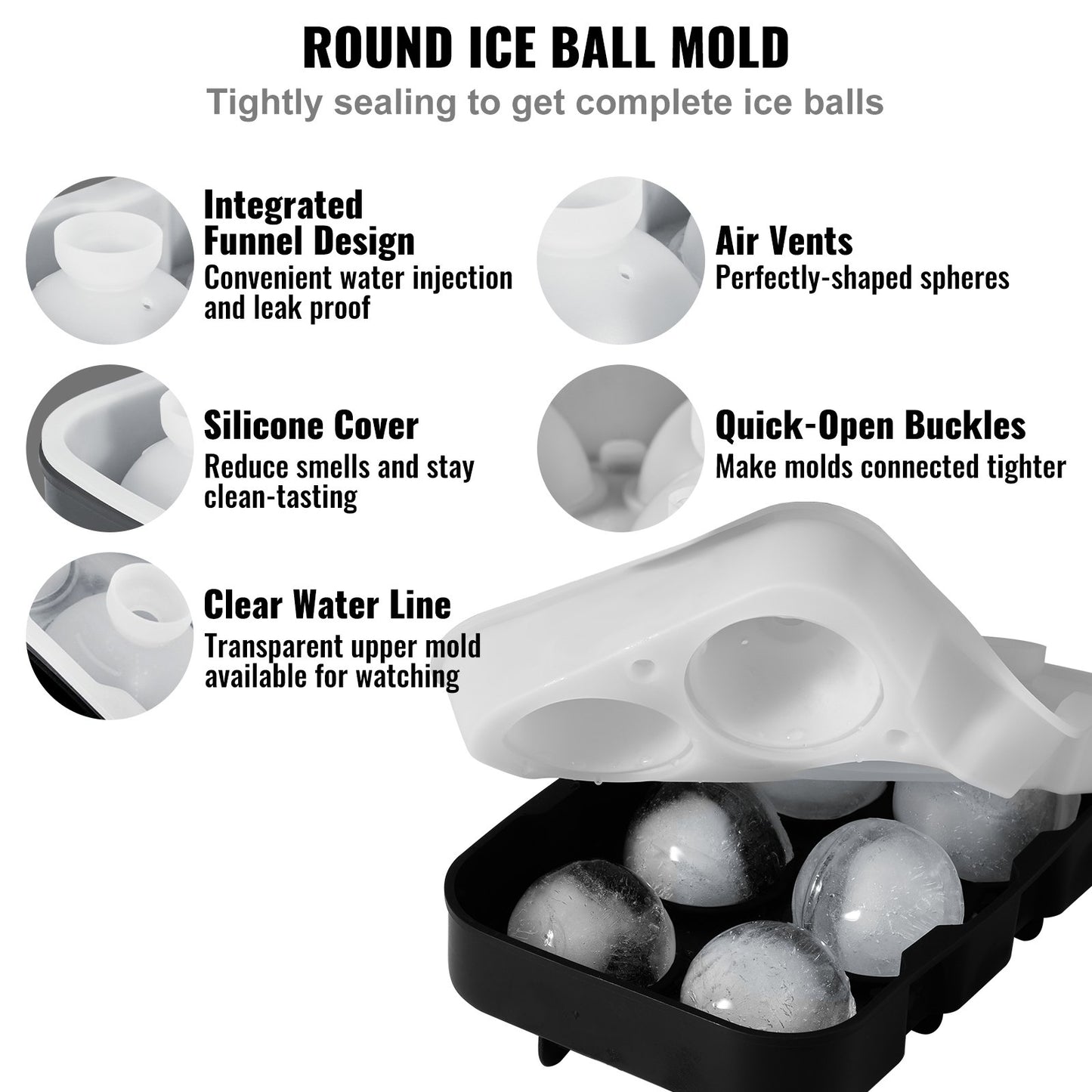 VEVOR Ice Cube Trays (Set of 2), 2-in-1 Combo with Silicone Sphere Ice Ball Maker & Large Square Ice Cube Maker with Lid, Reusable Easy Release BPA Free Ice Tray Set for Whiskey Cocktails Bourbon
