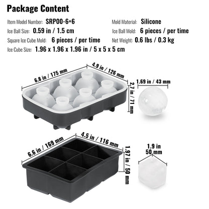 VEVOR Ice Cube Trays (Set of 2), 2-in-1 Combo with Silicone Sphere Ice Ball Maker & Large Square Ice Cube Maker with Lid, Reusable Easy Release BPA Free Ice Tray Set for Whiskey Cocktails Bourbon