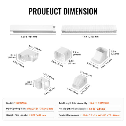 VEVOR Mini Split Line Set Cover 76.2mm W 3110mm L, PVC Decorative Pipe Line Cover For Air Conditioner with 5 Straight Ducts & Full Components Easy to Install, Paintable for Heat Pumps, White