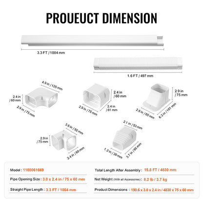 VEVOR Mini Split Line Set Cover 76.2mm W 4830mm L, PVC Decorative Pipe Line Cover For Air Conditioner with 4 Straight Ducts & Full Components Easy to Install, Paintable for Heat Pumps, White