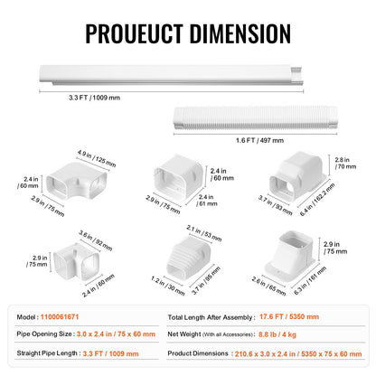 VEVOR Mini Split Line Set Cover 76.2mm W 5350mm L, PVC Decorative Pipe Line Cover For Air Conditioner with 4 Straight Ducts & Full Components Easy to Install, Paintable for Heat Pumps, White