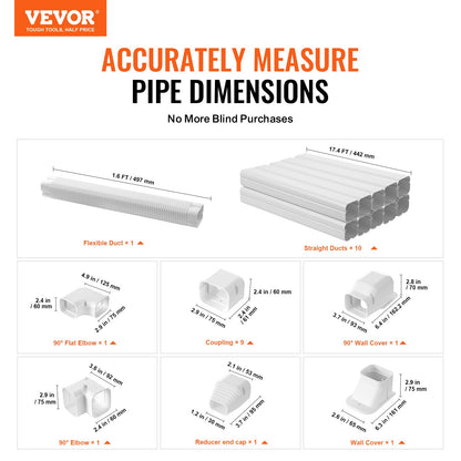 VEVOR Mini Split Line Set Cover 76.2mm W 5400mm L, PVC Decorative Pipe Line Cover For Air Conditioner with 10 Straight Ducts & Full Components Easy to Install, Paintable for Heat Pumps, White