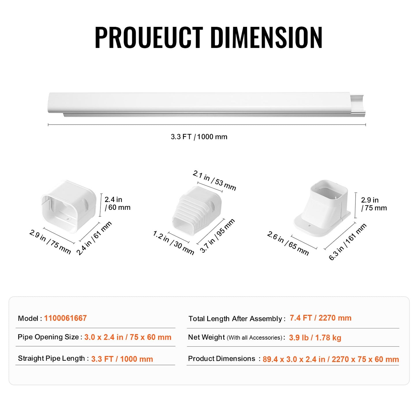 VEVOR Mini Split Line Set Cover 76.2mm W 2270mm L, PVC Decorative Pipe Line Cover For Air Conditioner with 2 Straight Ducts & Full Components Easy to Install, Paintable for Heat Pumps, White