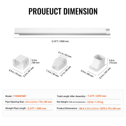 VEVOR Mini Split Line Set Cover 76.2mm W 2270mm L, PVC Decorative Pipe Line Cover For Air Conditioner with 2 Straight Ducts & Full Components Easy to Install, Paintable for Heat Pumps, White