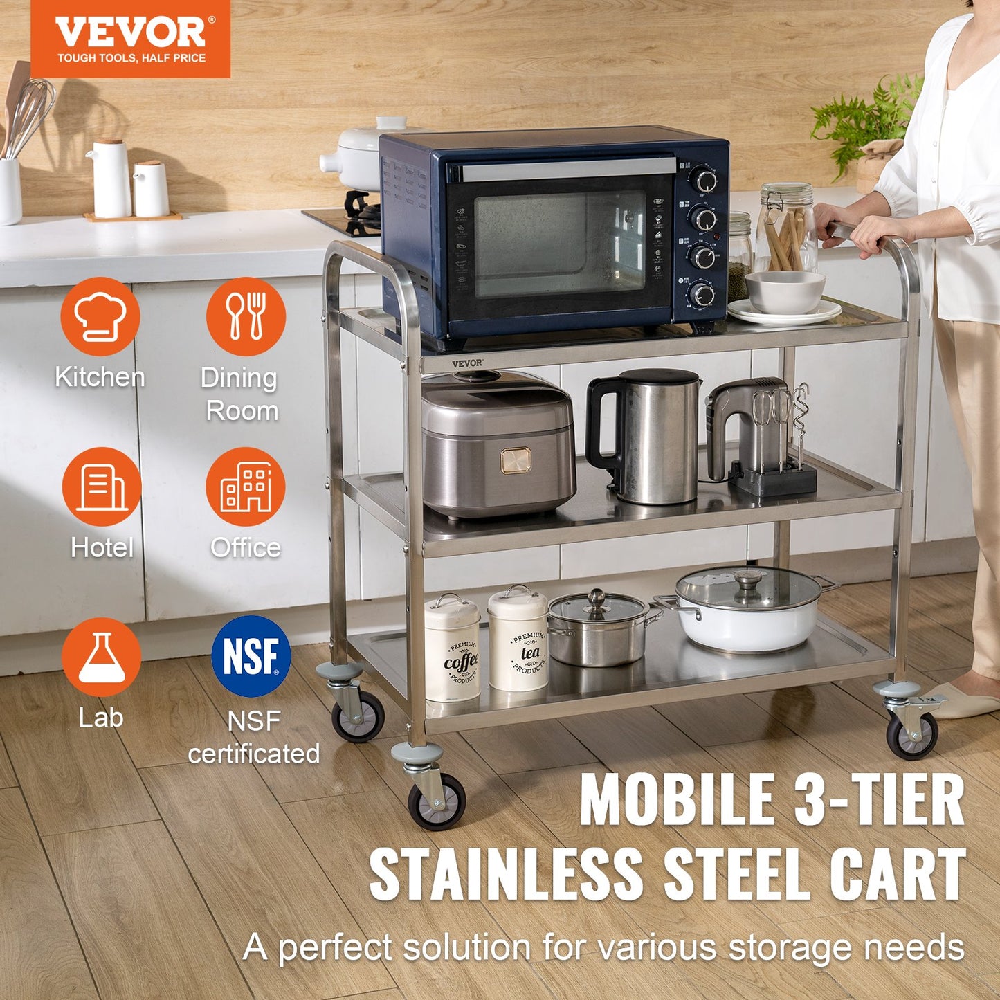 VEVOR 3-Tier Utility Cart Rolling Cart on Wheels 37.5"x20"x37.7" 450 LBS 6 Hooks