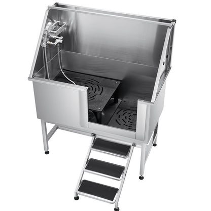 VEVOR 127 cm Dog Grooming Bath Tub Stainless Steel w Stairs Water Filter