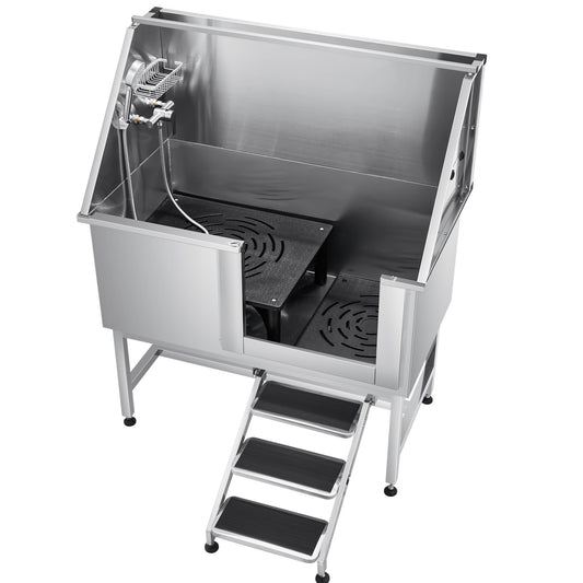 VEVOR 127 cm Dog Grooming Bath Tub Stainless Steel w Stairs Water Filter