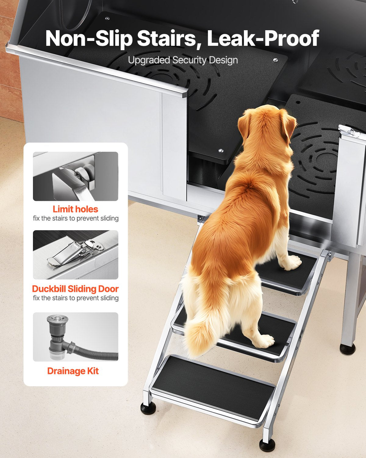 VEVOR 127 cm Dog Grooming Bath Tub Stainless Steel w Stairs Water Filter