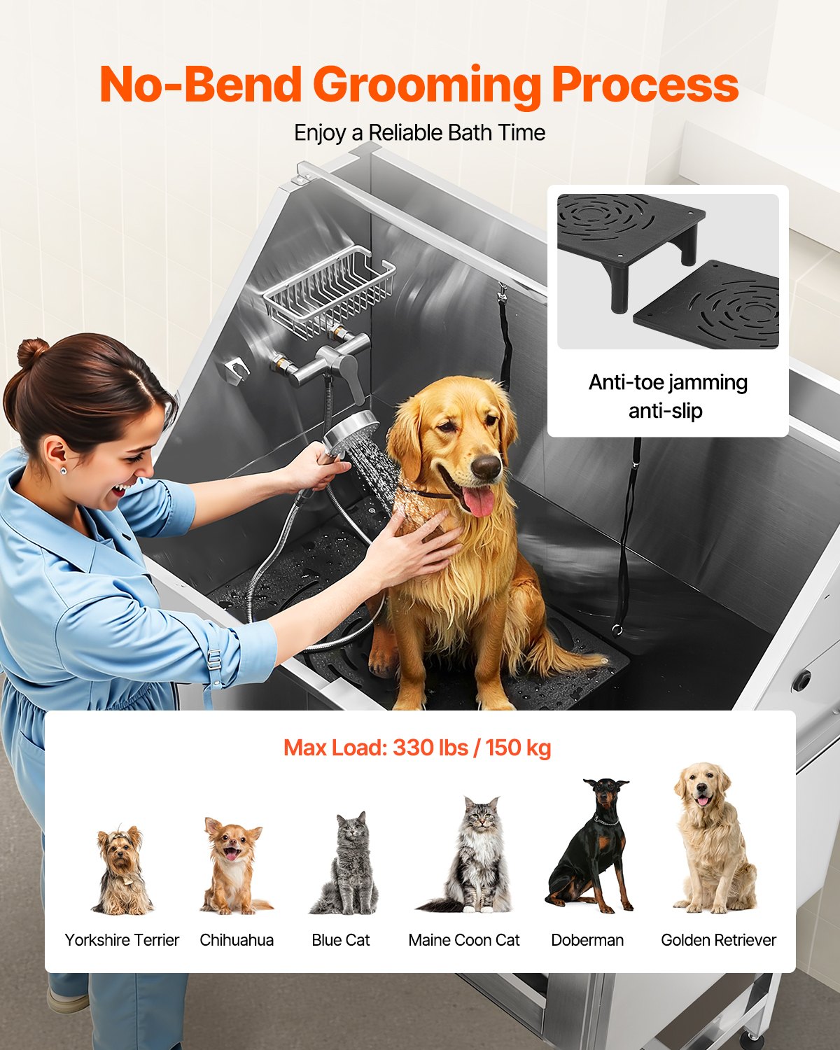 VEVOR 127 cm Dog Grooming Bath Tub Stainless Steel w Stairs Water Filter