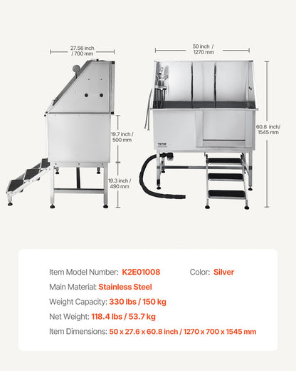 VEVOR 127 cm Dog Grooming Bath Tub Stainless Steel w Stairs Water Filter