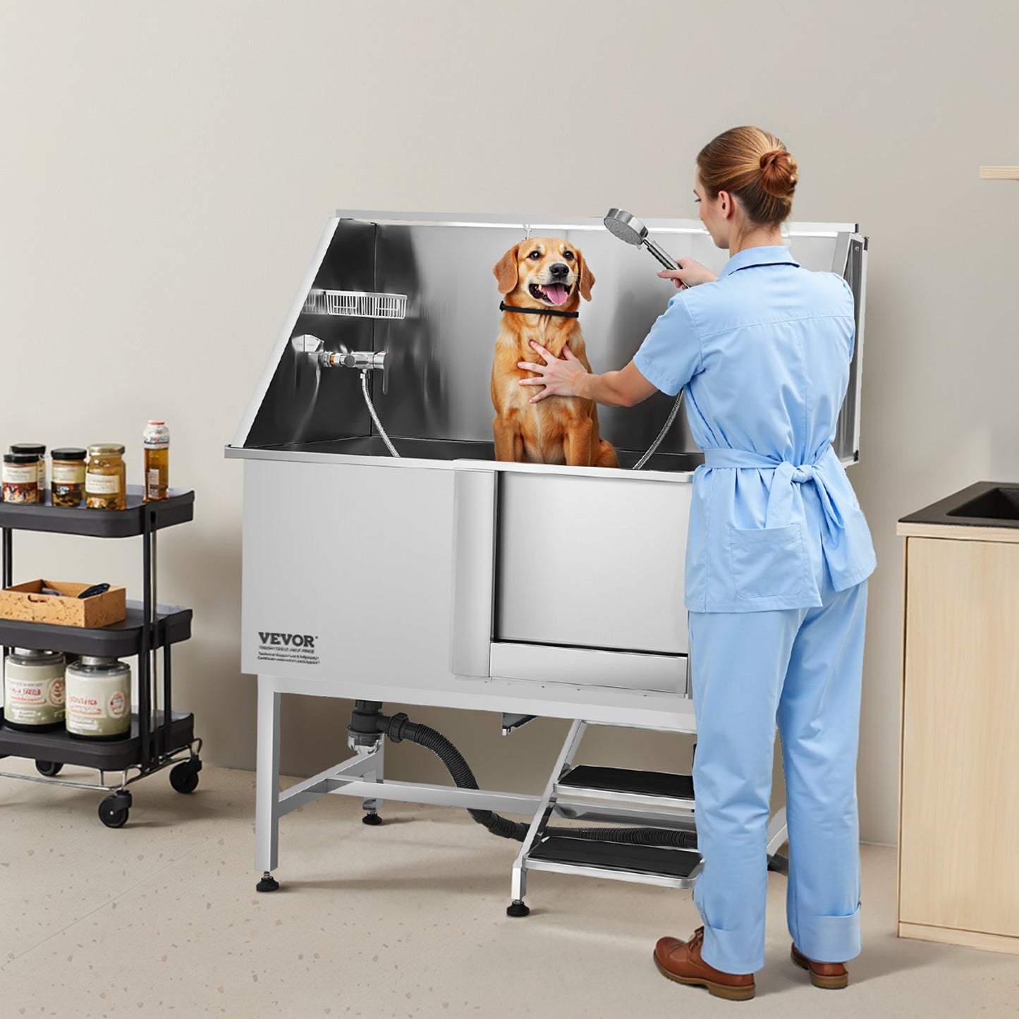 VEVOR 127 cm Dog Grooming Bath Tub Stainless Steel w Stairs Water Filter