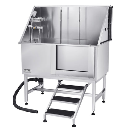 VEVOR 127 cm Dog Grooming Bath Tub Stainless Steel w Stairs Water Filter