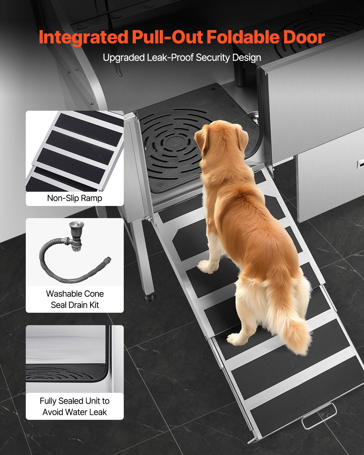 VEVOR 155 cm Dog Grooming Bath Tub Stainless Steel w Ramp Water Filter Left