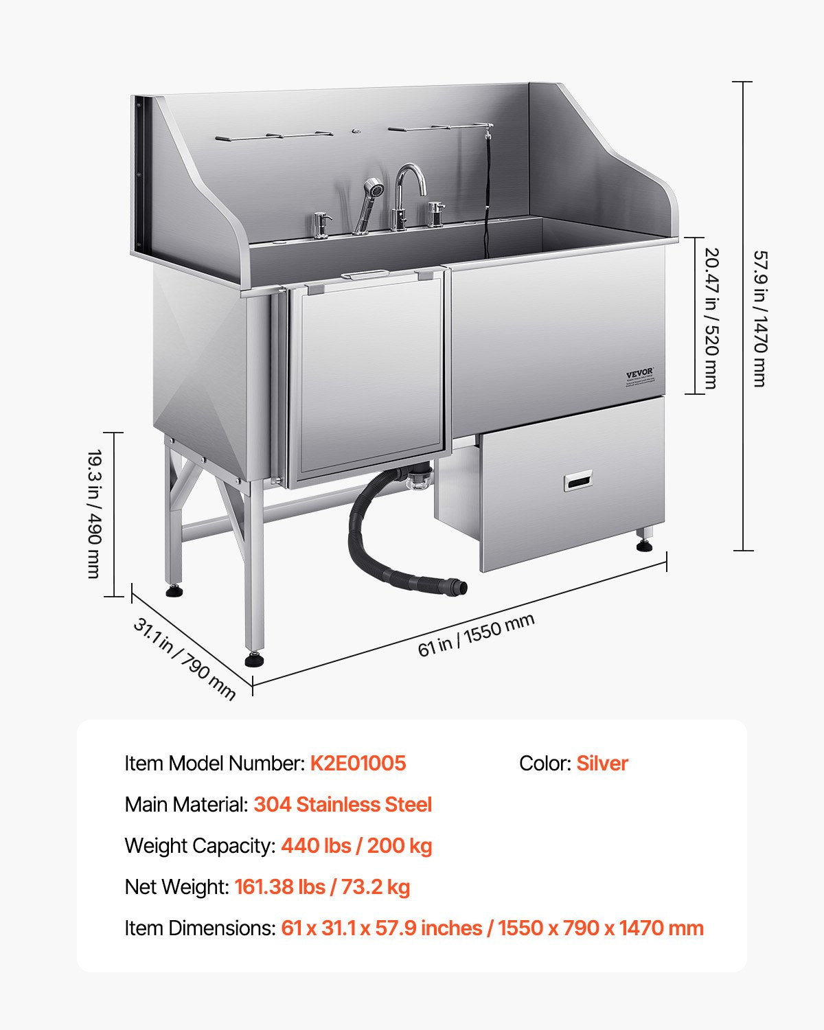 VEVOR 155 cm Dog Grooming Bath Tub Stainless Steel w Ramp Water Filter Left