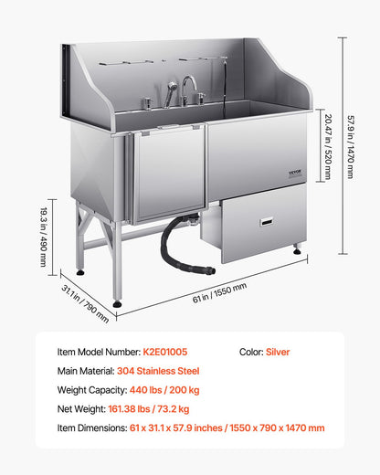 VEVOR 155 cm Dog Grooming Bath Tub Stainless Steel w Ramp Water Filter Left