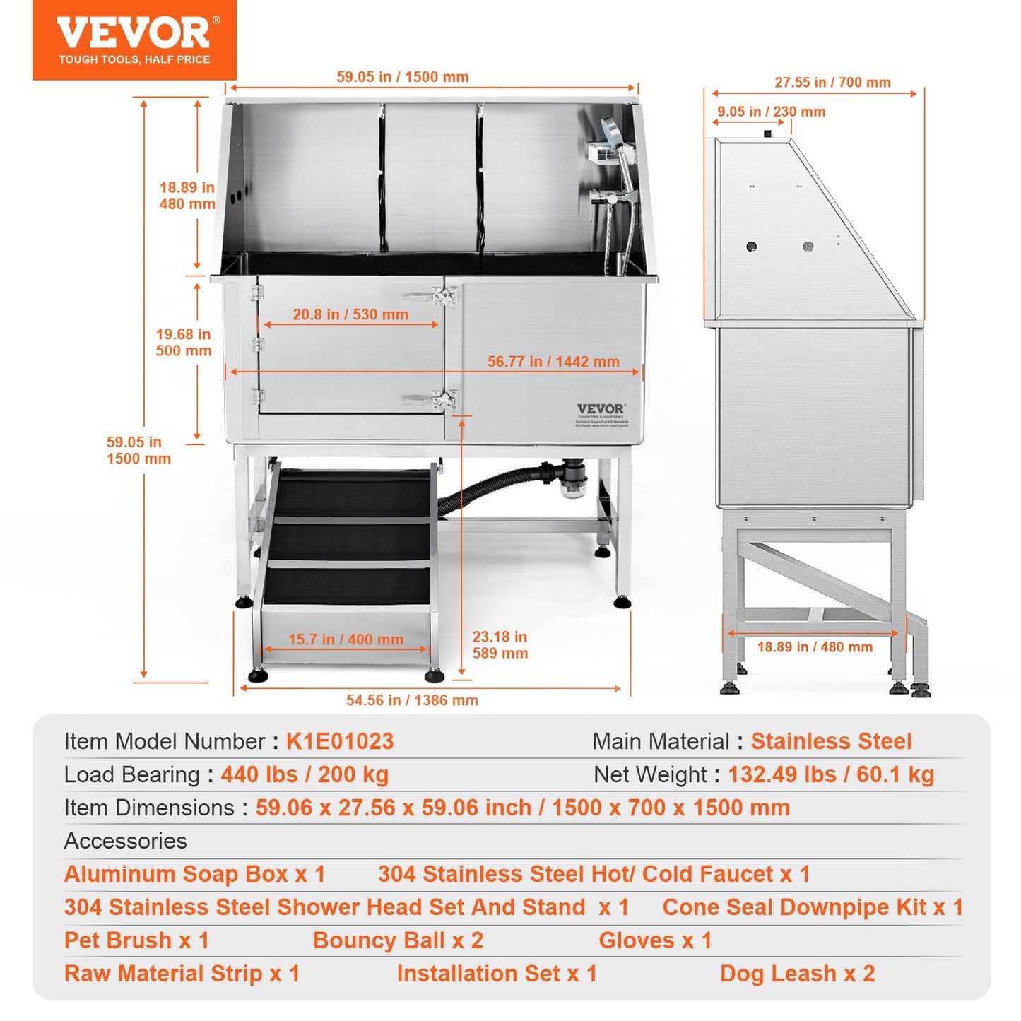 VEVOR 1.57M Pet Dog Bathing Station w/Ramp, Professional Stainless Steel Dog Grooming Tub w/ Soap Box, Faucet,Rich Accessory,Bathtub for Large,Medium,Small Pets, Washing Sink for Home(Left)