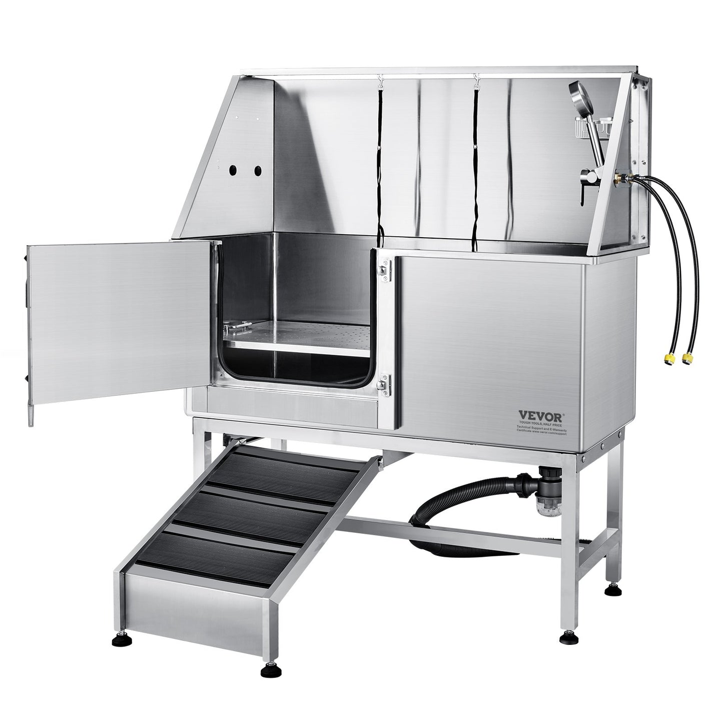 VEVOR 1.57M Pet Dog Bathing Station w/Ramp, Professional Stainless Steel Dog Grooming Tub w/ Soap Box, Faucet,Rich Accessory,Bathtub for Large,Medium,Small Pets, Washing Sink for Home(Left)