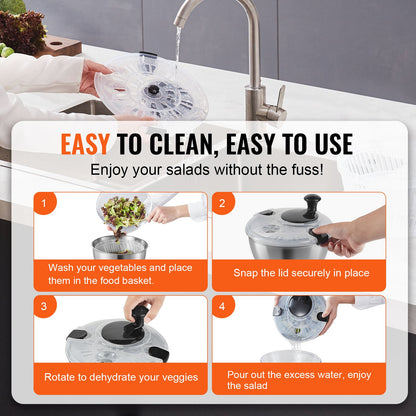 VEVOR Stainless Steel Salad Spinner, 4.5L, One-handed Easy Press Large Vegetable Dryer Washer, Lettuce Cleaner and Dryer with 304 Stainless Steel Bowl, for Greens, Herbs, Berries, Fruits, No BPA