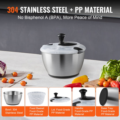VEVOR Stainless Steel Salad Spinner, 4.5L, One-handed Easy Press Large Vegetable Dryer Washer, Lettuce Cleaner and Dryer with 304 Stainless Steel Bowl, for Greens, Herbs, Berries, Fruits, No BPA