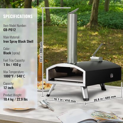VEVOR Outdoor Pizza Oven, 12" Wood Fired Pizza Ovens, Pellet Pizza Stove with Thermometer, Portable Pizza Maker for Outside Backyard Patio Camping, Pizza Stone, Carry Bag, Shovel, Black