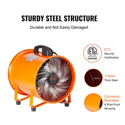 VEVOR Portable Ventilator, 304.8mm/12inch Heavy Duty Cylinder Fan with 10m Duct Hose, 367W Strong Shop Exhaust Blower 2574CFM, Industrial Utility Blower for Sucking Dust, Smoke, Smoke Home/Workplace