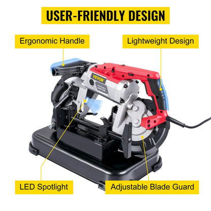 VEVOR Portable Band Saw,with Removable Alloy Steel Base Cordless Band Saw,127mm Cutting Capacity Hand held Band Saw,Variable Speed Portable Bandsaw, 10Amp Motor Deep Cut Band saw for Metal Wood