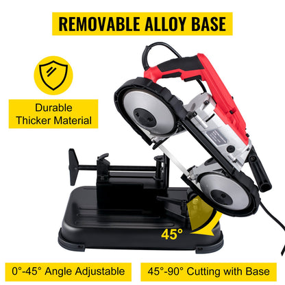 VEVOR Portable Band Saw,with Removable Alloy Steel Base Cordless Band Saw,127mm Cutting Capacity Hand held Band Saw,Variable Speed Portable Bandsaw, 10Amp Motor Deep Cut Band saw for Metal Wood