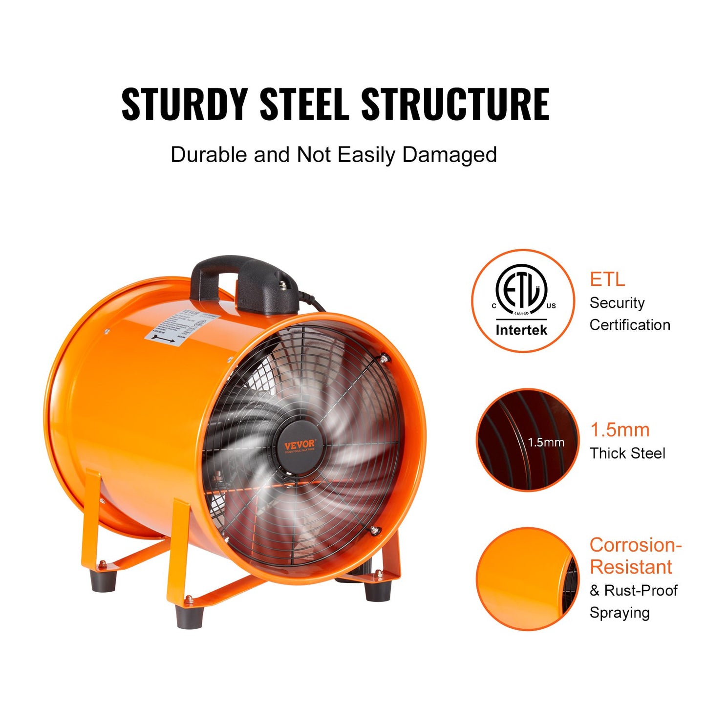 VEVOR Portable Ventilator, 203.2mm/8inch Heavy Duty Cylinder Fan with 10m Duct Hose, 145W Strong Shop Exhaust Blower 1020CFM, Industrial Utility Blower for Sucking Dust, Smoke, Smoke Home/Workplace