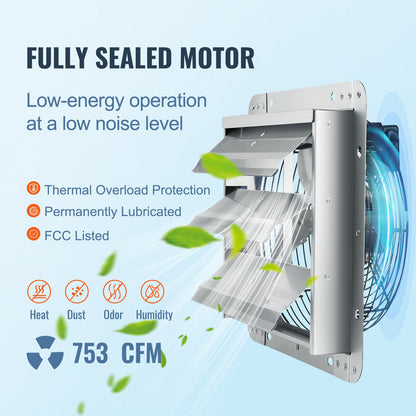 VEVOR Shutter Exhaust Fan, 254 mm High-speed 1400RPM 753 CFM, Aluminum Wall Mount Attic Fan with AC-motor, Ventilation and Cooling for Greenhouses, Garages, Sheds, Shops
