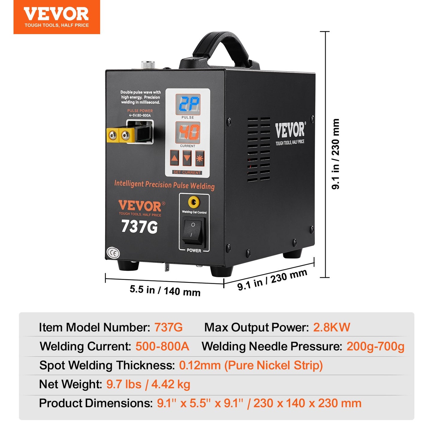 VEVOR Spot Welder, 737G Pulse Spot Welder, Portable High-Power Welding Machine Soldering Station with 2 Welding Modes and LED Lighting for 0.12mm Pure Nickel