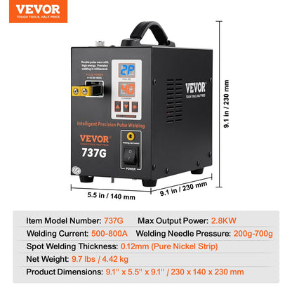 VEVOR Spot Welder, 737G Pulse Spot Welder, Portable High-Power Welding Machine Soldering Station with 2 Welding Modes and LED Lighting for 0.12mm Pure Nickel