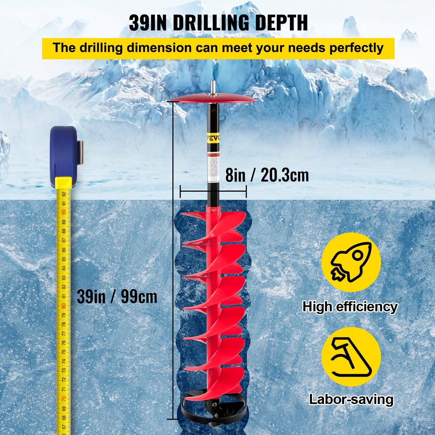 VEVOR Ice Drill Auger, 8\" Diameter Nylon Ice Auger, 39\" Length Ice Auger Bit,Auger Drill with 11.8\" Extension Rod,Auger Bit with Drill Adapter,Top Plate & Blade Guard for Ice Fishing Ice Burrowing