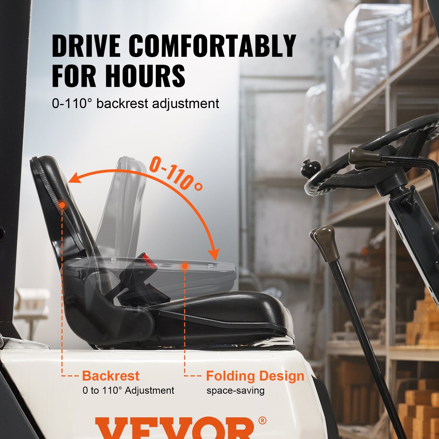 VEVOR Universal Forklift Seat, Fold Down Tractor Seat with Adjustable Angle Back, Micro Switch and Retractable Seatbelt, 16-34 cm Slot Forklift Seat for Tractor Loader Excavator