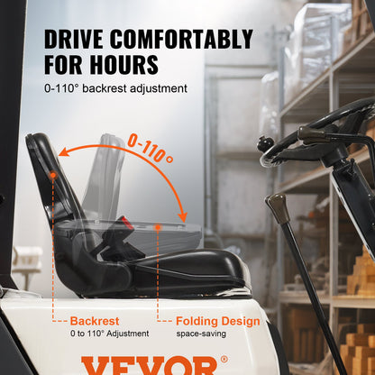 VEVOR Universal Forklift Seat, Fold Down Tractor Seat with Adjustable Angle Back, Micro Switch and Retractable Seatbelt, 16-34 cm Slot Forklift Seat for Tractor Loader Excavator