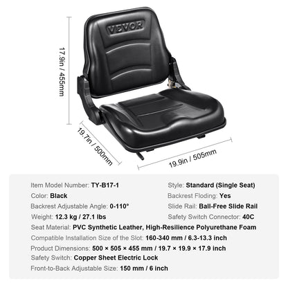VEVOR Universal Forklift Seat, Fold Down Tractor Seat with Adjustable Angle Back and Micro Switch, 16-34 cm Extended Slot Comfortable Forklift Seat for Tractor Loader Excavator