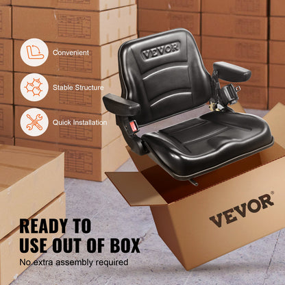 VEVOR Universal Forklift Seat, Fold Down Tractor Seat with Adjustable Angle Back, Micro Switch, Seatbelt and Armrests, 16-34 cm Slot Tractor Seat for Tractor Loader Excavator