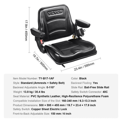 VEVOR Universal Forklift Seat, Fold Down Tractor Seat with Adjustable Angle Back, Micro Switch, Seatbelt and Armrests, 16-34 cm Slot Tractor Seat for Tractor Loader Excavator
