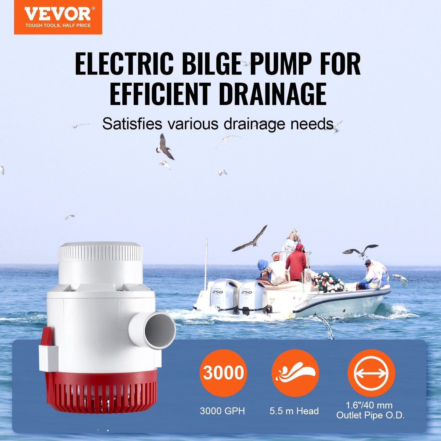 VEVOR Bilge Pump, 3000GPH Automatic Submersible Boat Bilge Water Pump with Float Switch, 40 mm Outlet Diameter, Small Boat Bilge Pump, Marine Electric Bilge Pump for Boats, Ponds, Pools, Basements