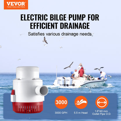 VEVOR Bilge Pump, 3000GPH Automatic Submersible Boat Bilge Water Pump with Float Switch, 40 mm Outlet Diameter, Small Boat Bilge Pump, Marine Electric Bilge Pump for Boats, Ponds, Pools, Basements