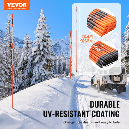 VEVOR Driveway Markers, 100PCS 121.5cm, 0.78cm Diameter, Orange Fiberglass Poles Snow Stakes with Reflective Tape, 30cm Steel Drill Bit & Protection Gloves for Parking Lots, Walkways Easy Visibility