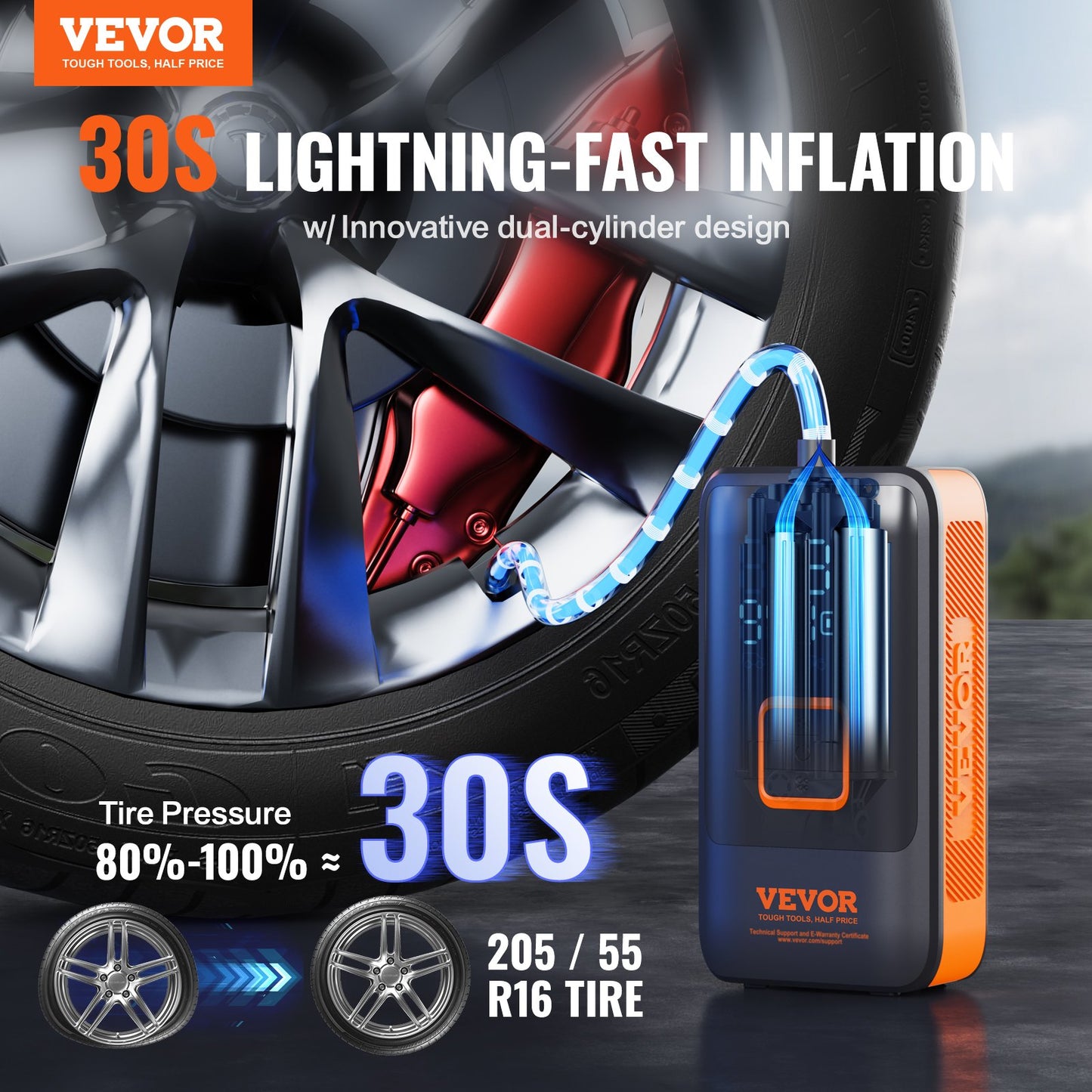 VEVOR Tire Inflator Portable Air Compressor, Dual-Cylinder & 12000mAh Rechargeable Air Pump, 30s Fast Inflation Tire Pump with Auto-Off, LCD Pressure Gauge for Car Motorcycle Bike Ball