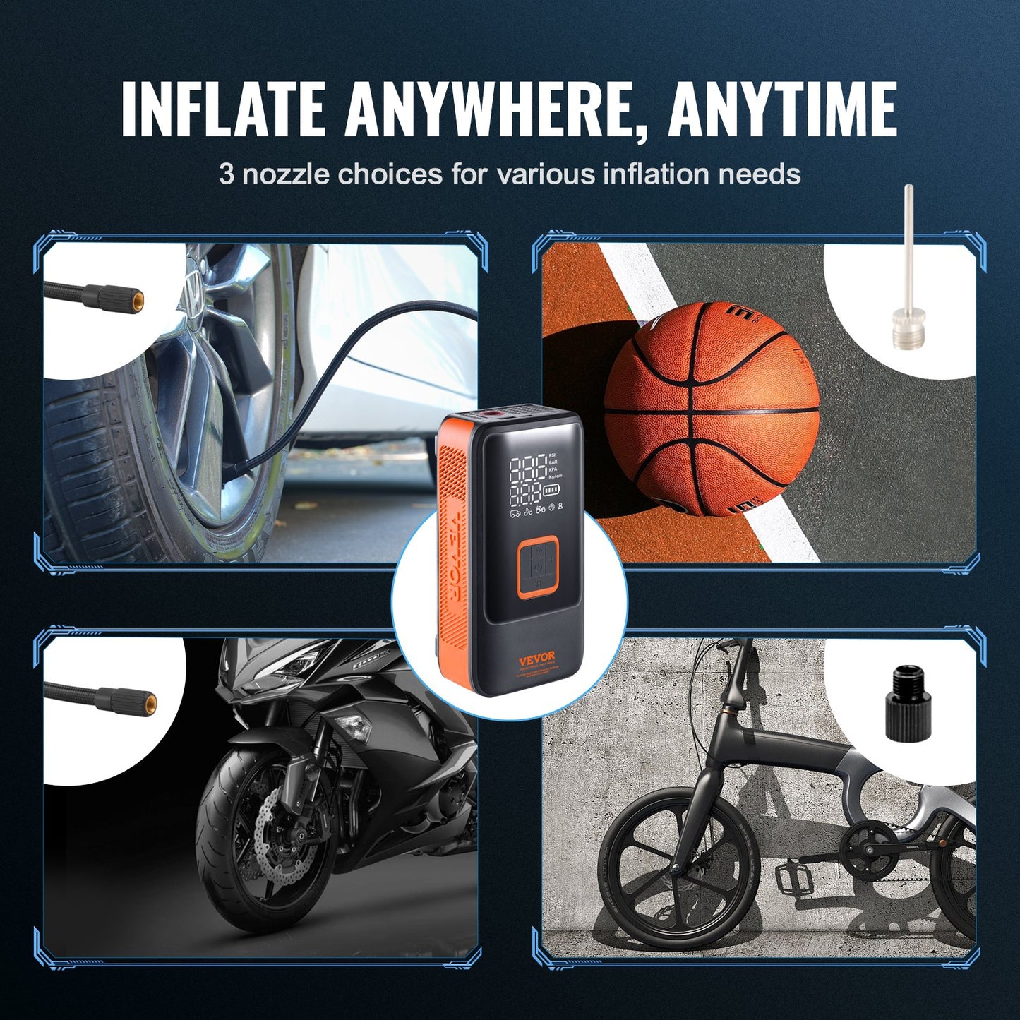 VEVOR Tire Inflator Portable Air Compressor, Dual-Cylinder & 12000mAh Rechargeable Air Pump, 30s Fast Inflation Tire Pump with Auto-Off, LCD Pressure Gauge for Car Motorcycle Bike Ball