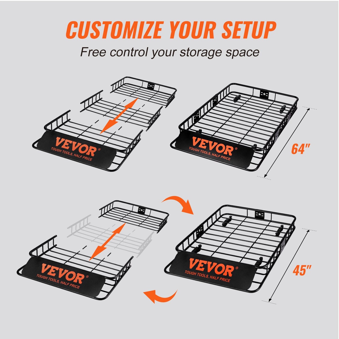 VEVOR Roof Rack Cargo Basket 200 LBS Capacity Extension 64"x39"x6" for SUV Truck