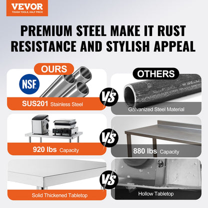 VEVOR Stainless Steel Prep Table, 30 x 72 x 34 Inch, Heavy Duty Metal Worktable with 3 Adjustable Height Levels, Commercial Workstation for Kitchen Garage Restaurant Backyard