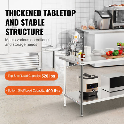 VEVOR Stainless Steel Prep Table, 30 x 72 x 34 Inch, Heavy Duty Metal Worktable with 3 Adjustable Height Levels, Commercial Workstation for Kitchen Garage Restaurant Backyard