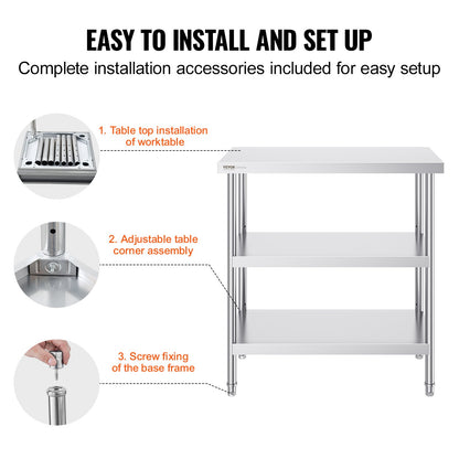 VEVOR Stainless Steel Food Prep Table, 18 x 36 x 34 Inch Commercial Kitchen Worktable, with 2 Adjustable Undershelf, Heavy Duty Prep Table Metal Work Table for BBQ, Kitchen, Home, and Garage