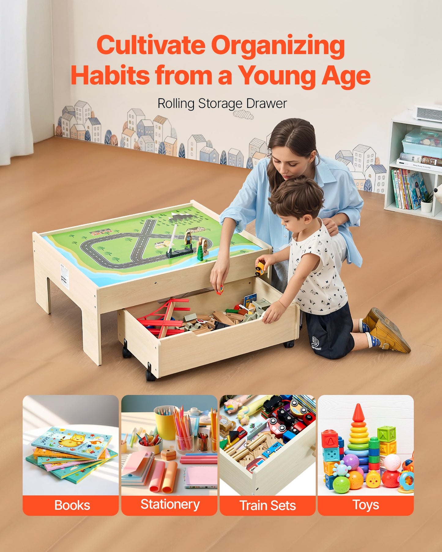 VEVOR Train Table 100 PCS Wooden Kids Activity Table with Rolling Storage Drawer