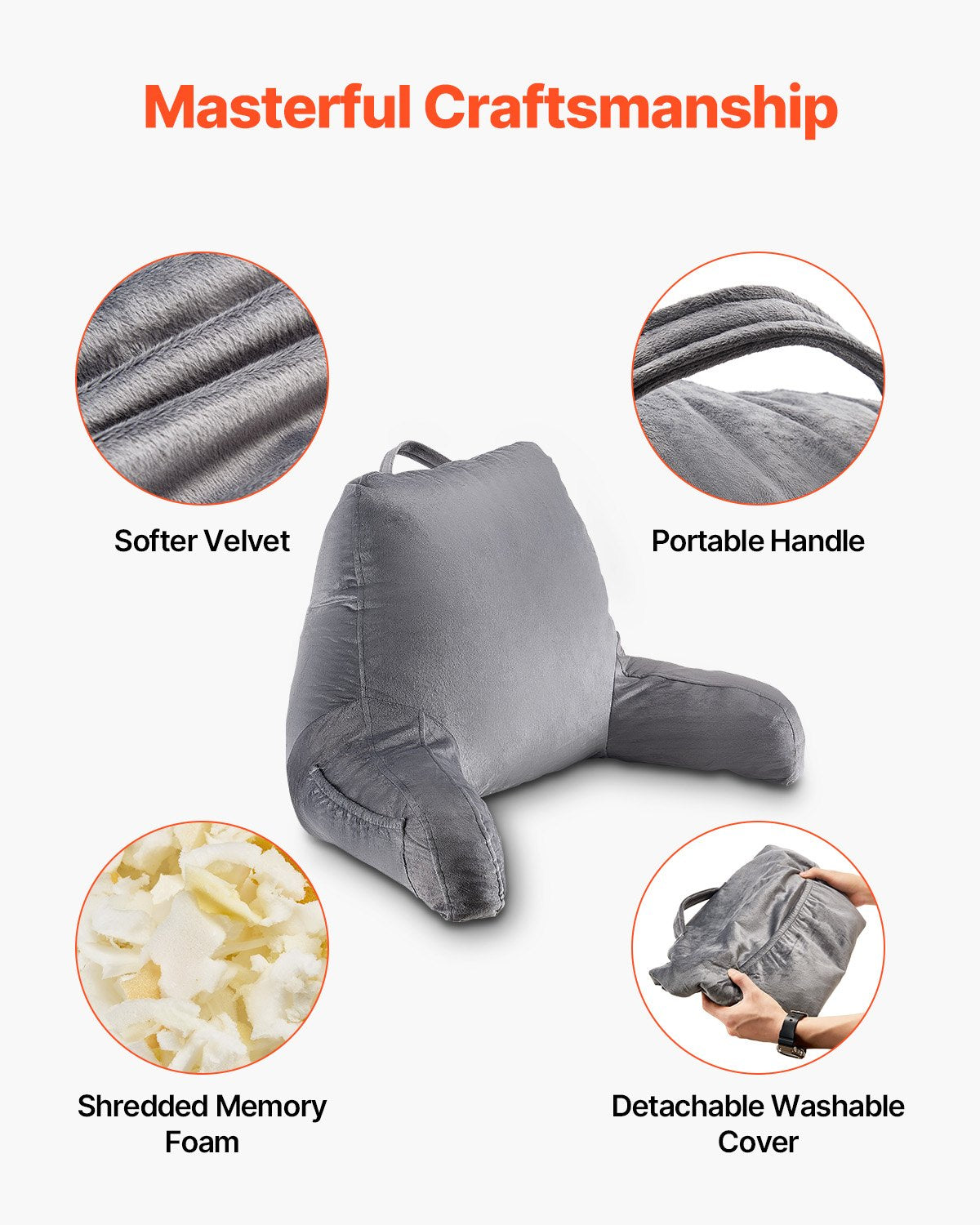 VEVOR Reading Pillow Standard Size Bed Pillow with Shredded Memory Foam Washable