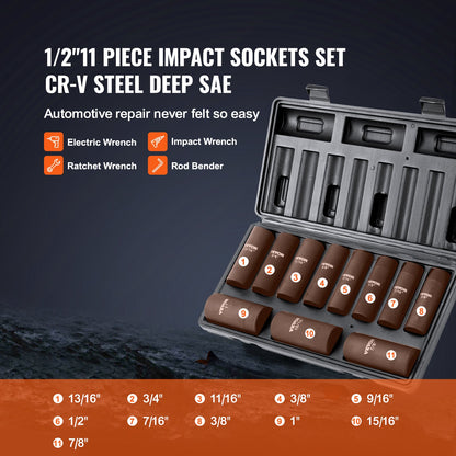 VEVOR 1/2" Drive Impact Socket Set, 11 Piece Deep Socket Set SAE 3/8"-1", 6 Point CR-V Alloy Steel for Auto Repair, Easy-to-Read Size Markings, Rugged Construction, Includes Storage Case