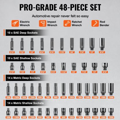 VEVOR Impact Sockets Set 48pcs 6-Point 1/4" Drive Bit Ratchet Tool Kit Case